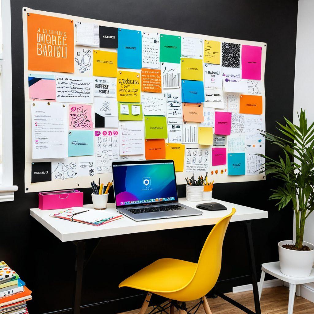 A dynamic visualization of a startup's journey featuring a stylish branding evolution. The image should showcase a modern workspace with a laptop displaying a sleek logo design and color palette brainstorming on a wall. Incorporate elements of fashion like fabric swatches and design sketches surrounding the workspace, representing aesthetic appeal. Use a bright and inviting color scheme to convey creativity and innovation. super-realistic. vibrant colors. clean background.