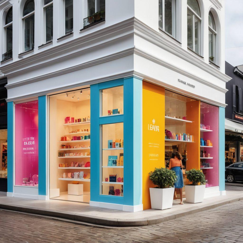 A visually stunning storefront brimming with vibrant colors and unique branding elements that evoke a sense of luxury and appeal. Showcase a diverse group of happy customers engaging with the products, highlighting the emotional connection between the brand and its audience. Include eye-catching signage and stylish displays that showcase creativity and innovation in commerce. super-realistic. vibrant colors. white background.